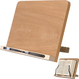 8 Adjustable Height Bamboo Book Stand with Page Clips, Lightweight Hands Free Desktop Holder Tray for Textbook Cookbook Music Scores Tablet, Oak Brown