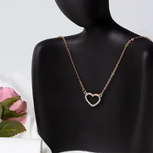 Versatile Diamond-Encrusted Heart-Shaped Collarbone Necklace for Women – Water Wave Chain, Gold Alloy