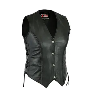 Women’s Black Leather Motorcycle Vest – Braided Biker Vest with Side Laces, V-Neck Snap Closure & Concealed Carry Pockets
