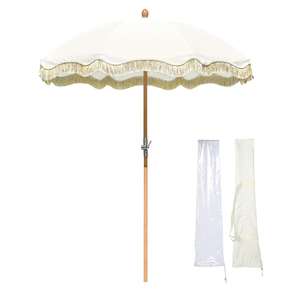 LAGarden Jazz Age Wooden Patio Fringe Umbrella 6ft 8-Rib Tilt