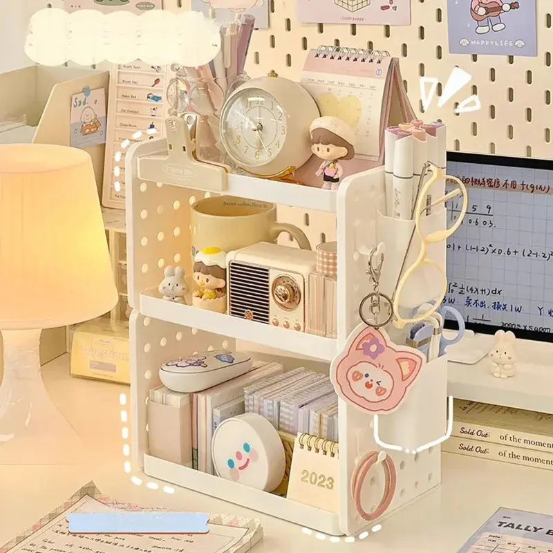 3-Tier Desktop Organizer with Pegboard, Multi-Functional Desk Storage Shelf with Pen Holder, Office Desk Organizer for Stationery, Makeup, Accessories and Small Items