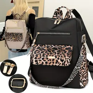 Vintage Leopard Print Backpack, Large Capacity Women'S Fashion Daypack with Adjustable Straps, Zippered Nylon Backpack for Work, School, and Travel, Stylish Black and Golden Design with Tassel Charm, Travel Backpac