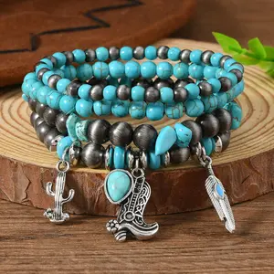 4PCS Bohemian Style Turquoise and Black Beaded Bracelet Set with Cactus and Feather Pendants - Synthetic Turquoise, All-Fit Seasonal Accessory for Everyday, Parties, and Gifts, Everyday Bracelet | Bohemian Style |Turquoise and Black Beads, Bracelet Set