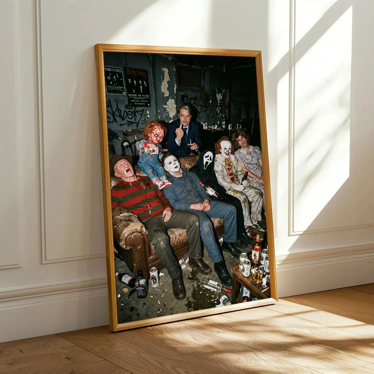 [25% OFF] [UNFRAMED] Horror Movie Villains Drinking Party Poster, Funny Halloween Freddy Krueger Michael Myers Ghostface Chucky Wall Art, Spooky Night Out Unframed Paper Print Decor