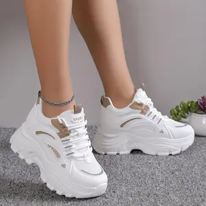 Women's Solid Color Mesh Sneakers, Lace-up Low-top Round Toe Heightened Thick Sole Training Shoes, Versatile And Comfortable Shoes