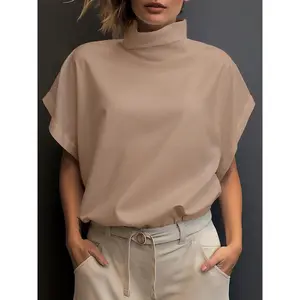 Women’s solid high-neck batwing-sleeve blouse, casual short-sleeve summer top, women’s everyday wear GARMENTARY