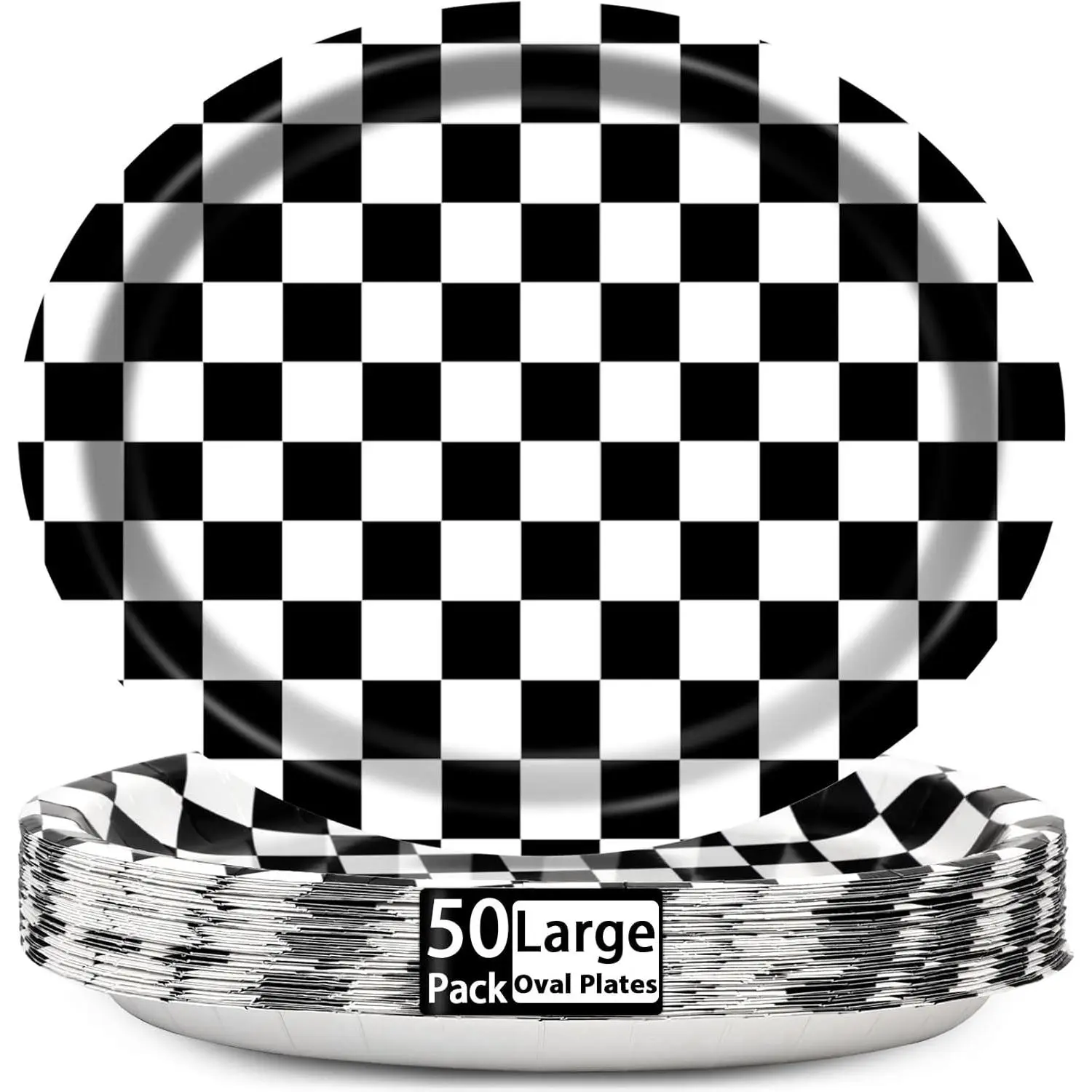 50 PCS Black and White Plaid Oval Paper Plates Large 11" Disposable Racing Car Party Decorations Black Checkered Supplies Favor for BBQ Picnic Birthday Party Tableware Set
