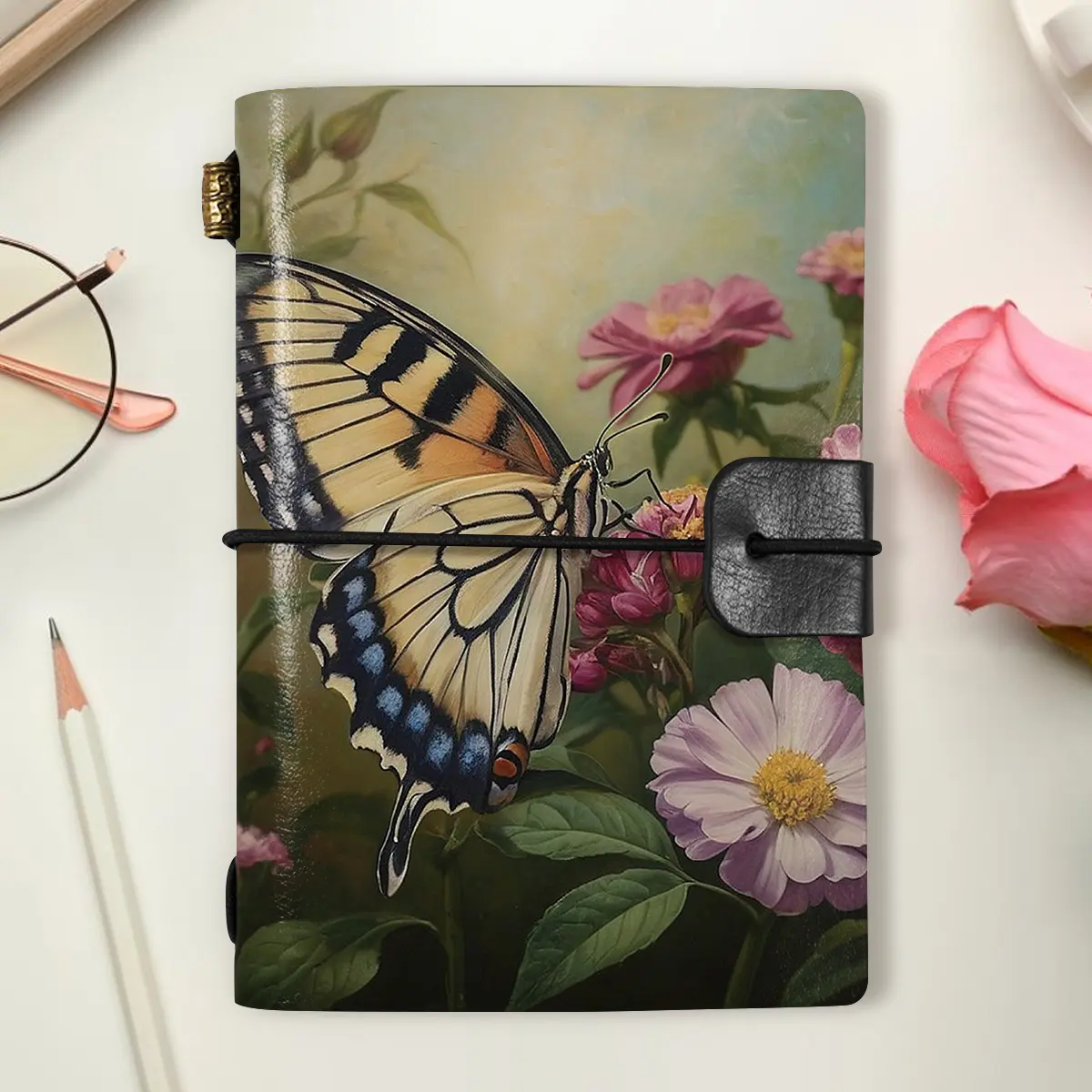 1pc Short Pocket Subject Notebook A7 Size 5.5x3.7 Inches, Butterfly on Pink Flowers Design Ideal Gift for Thanksgiving, Christmas and Birthday