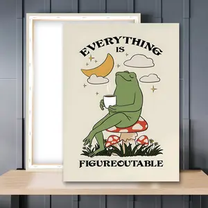 1pc Wooden Framed, Everything is Figureoutable Motivation Poster, Frog Print Home Office, Mental Health Wall Art Canvas Painting, Quote Poster, Coffee Poster, Wall Decoration