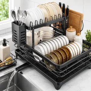 Expandable Over Sink Dish Drying Rack, 2-Tier Carbon Steel Kitchen Organizer with Auto Drain, Large Capacity Dish Drainer
