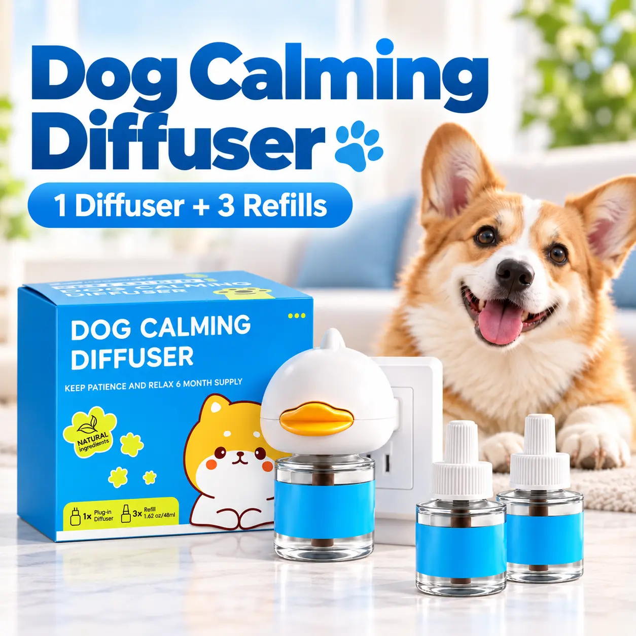 Dog Pheromone Diffuser Anxiety Aid & Stress Relief Plug-In Device, Natural Calming Solution with 6-Month Supply Refills for Dogs During Separation, Fireworks, Home Changes