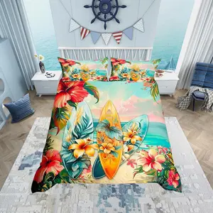 Feelyou Tropical Theme Duvet Cover Set - Tropical Palm Tree Leaves & Flowers Bedding, Summer Beach Style Comforter Cover for Kids
