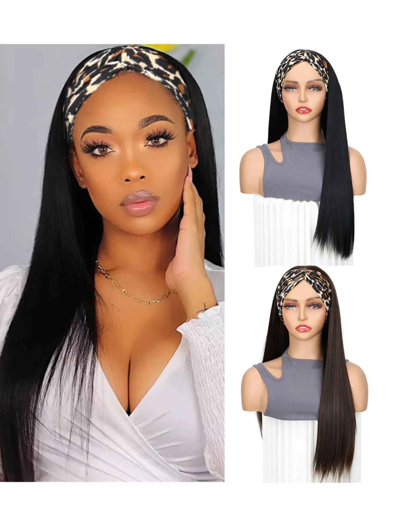 Elegant European Style Hairband Scarf Head Wrap Fake Wig Synthetic Hair for Women, Long Straight Fashion Natural Magic Tape Head Wrap & Leopard Print Hair Band, Hair Replacement Wigs