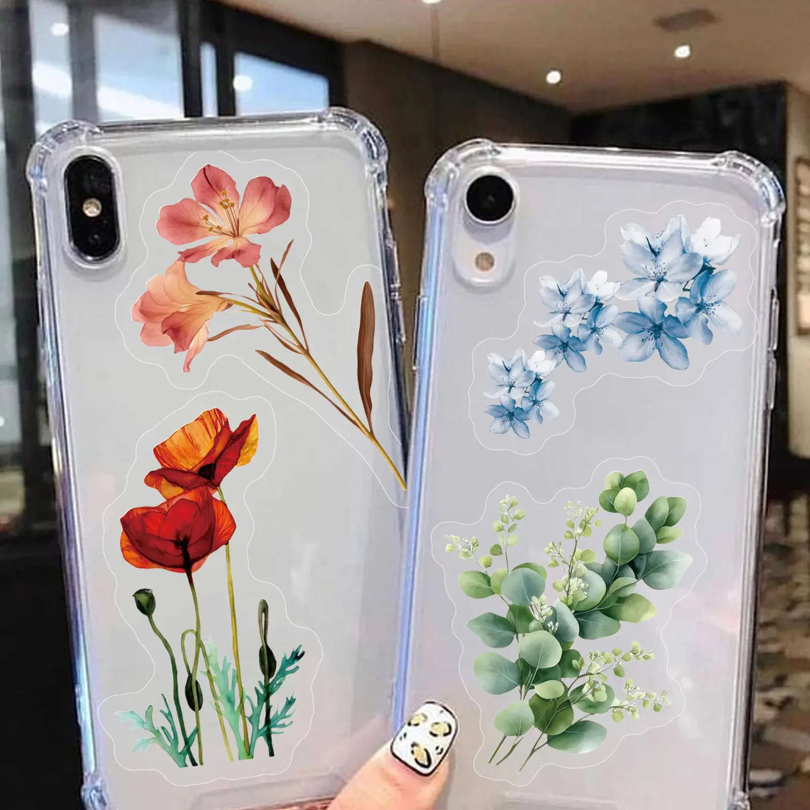 50Pcs Flower Stickers Natural Plants Decoration Mobile Phone Case Notebook Stationary DIY Transparent Waterproof Stickers Gift
