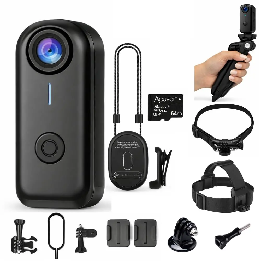 64GB FHD 1080P Mini Body Camera,Wearable Action Body Cam,Thumb Size Hands Free Recording Body Worn Cam,Portable Camcorder (All-in-One Kit)