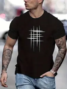 Men's Single Color Personality Print Short Sleeve T-Shirt, High Street Simple Style, Breathable Comfort Fit, Casual Summer Wear