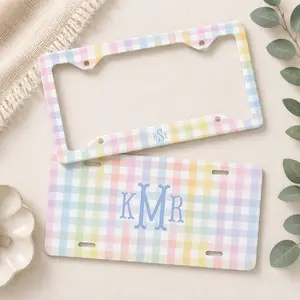 Custom License Plate Frame Personalized Pastel Rainbow Gingham Car Accessories, Cute Preppy Car Decor for Women, Unique Auto License Plate Gift