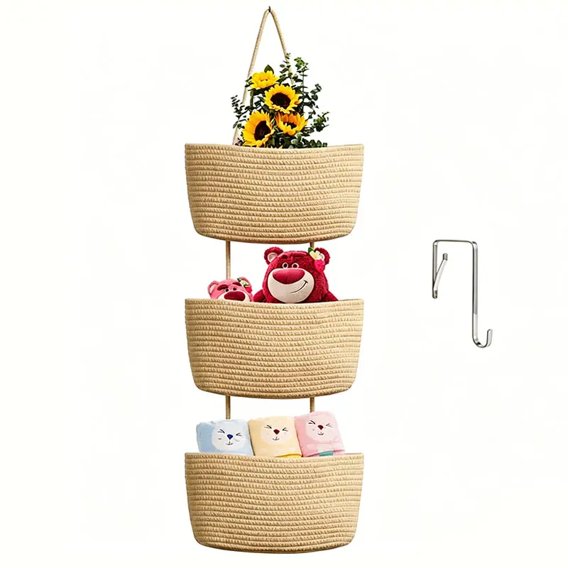 Woven cotton 3-Tier Over the Door Basket, Wall-Mounted Jute Storage Organizer – Decorative Nursery Baskets, Perfect for Busy Mom/Dad to Store Diapers & Toys small basket Gift Hook laundry basket house organizers Hangable