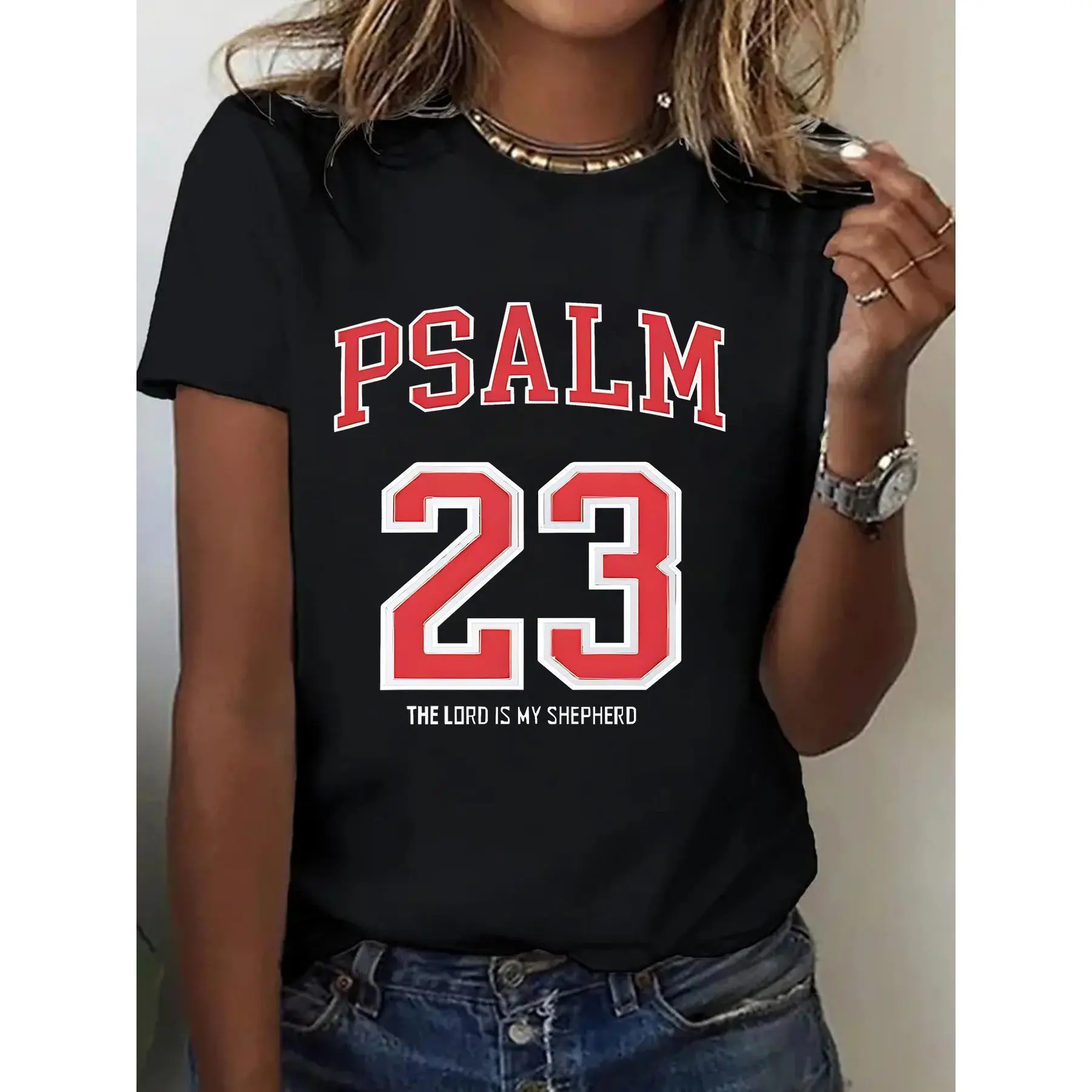 Women's 100% Casual T-Shirt with Psalm 23 Print - Round Neck, Short Sleeve, All-Season Comfort, Perfect for Outdoor Activities & Holiday Gifts, Outdoor Apparel |   Geometric Print Tee |   Fabric