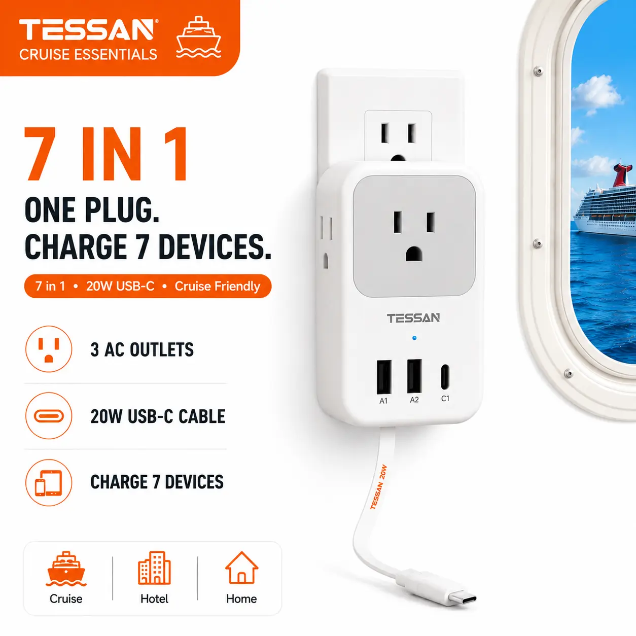 【TESSAN USB C Charger Block】Multi Plug Wall Outlet Extender | 3 USB, Retractable USB-C Cable, 3 Side Multi Port Adapter for Cruise, Bathroom, Office, Dorm Essentials