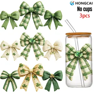3 Piece Fresh Bow UV DTF Stickers, Fits 16 Oz Cup, Lucky Clover Element, Soft Colors, Waterproof Scratch Resistant, Glass Cup Phone Case Decor, Sticker Packs