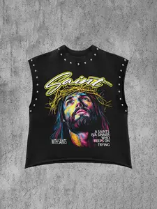 Men's Tech Jesus Print Tank Top, Sleeveless Gym & Streetwear, Rivet Details, Saint Print, Fitted Casual Summer Vest