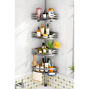 Shower  Tension Pole4-Tier Rustproof Bathroom Corner Shelf for Renters - -121inches Adjustable Bathtub Organizer with Soap Holder-large capacity rack for Shampoo Storage  Accessory