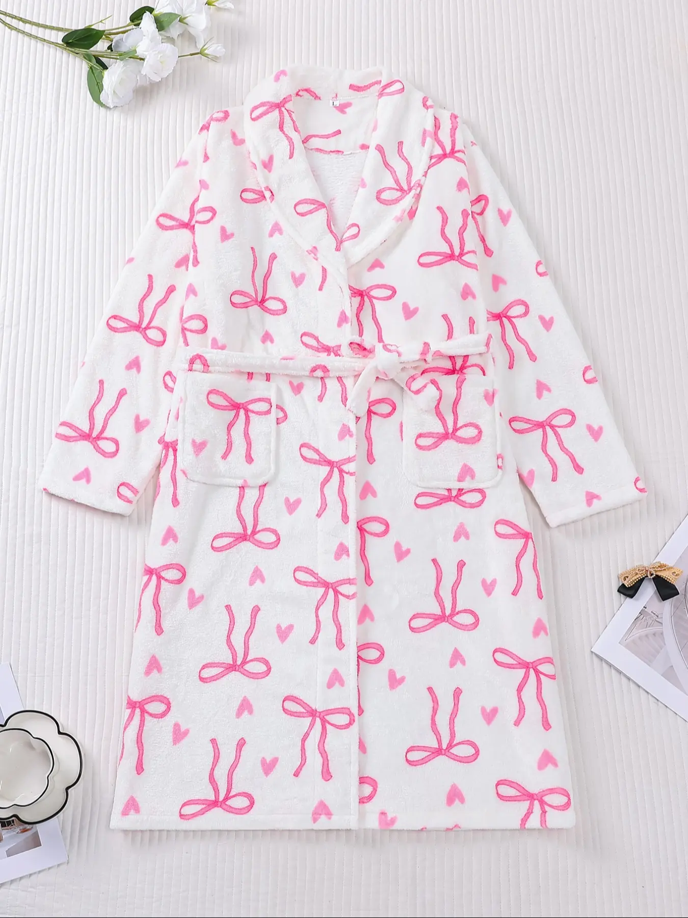 Women's Plush Flannel Robe, Casual Soft Bathrobe, Aesthetic Cute Butterfly Knot Print, Soft Comfortable Long Sleeve V Neck, Winter Fitted Casual Home Wear, Holiday Party