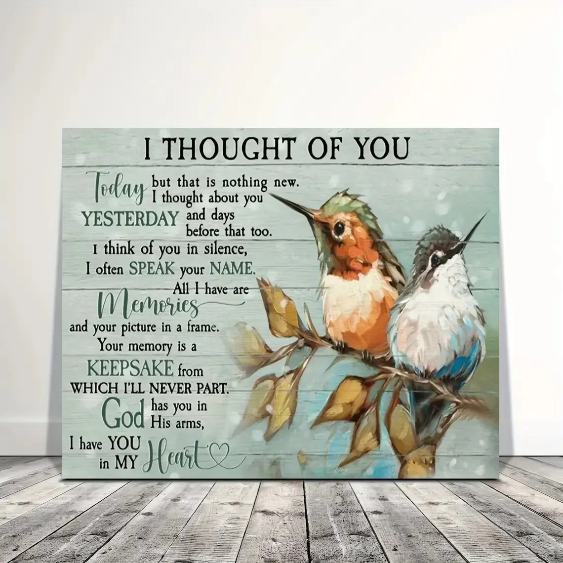 Hummingbird "I Miss You God Put You in His Arms" 2D Canvas Wall Art Print with 1pc Wooden Frame, Home Supplies Decor Inspo, Birds Motif No-Fading Printing Home Decor for Living Room, Bedroom