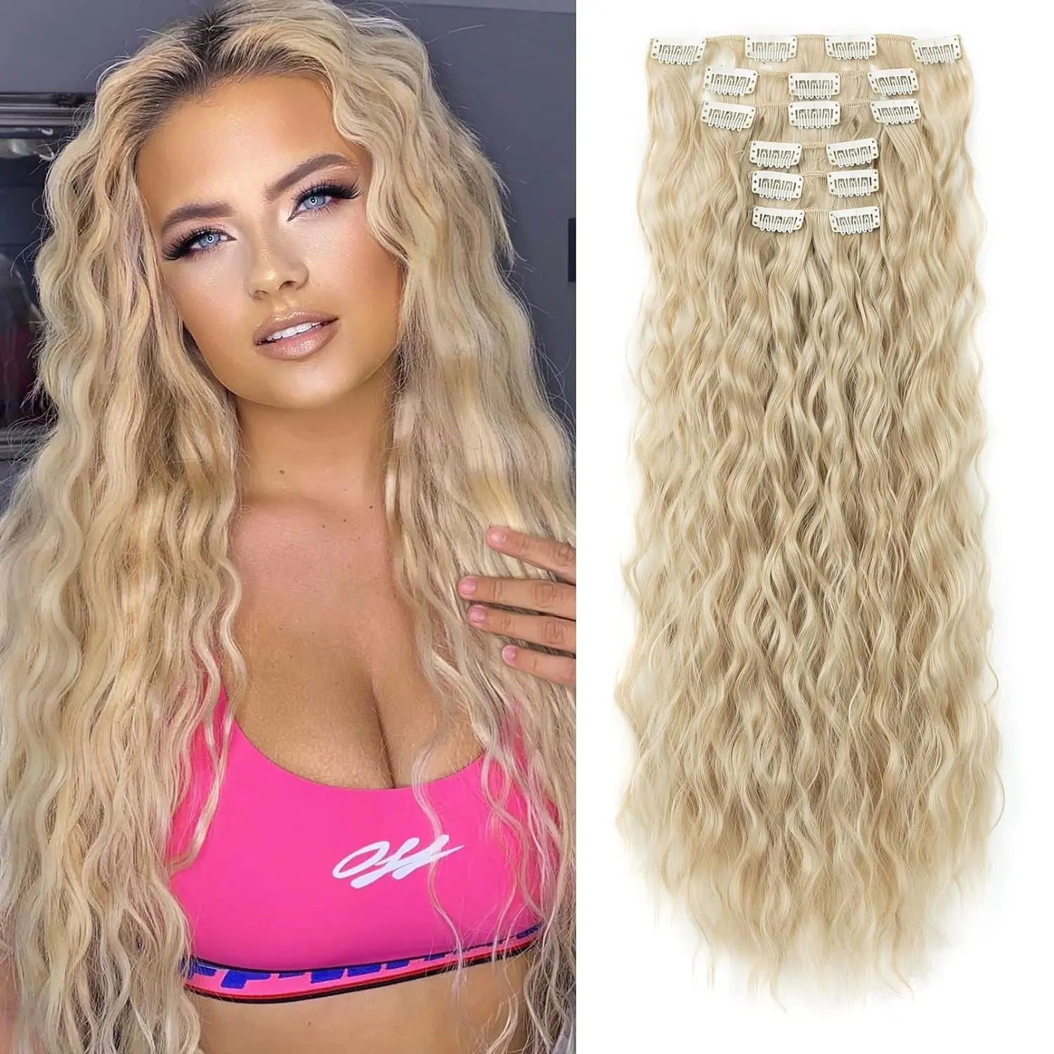Women's 6PCS 24" Curly Synthetic Clip-In Hair Extensions, Natural Ash Blonde Curly Synthetic Hairpiece