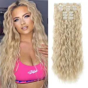Clip In Hair Extensions, 6PCS Curly 24" Long Synthetic Clip On Hairpiece For Women Natural Ash Blonde