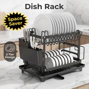 2-Tier Dish Drying Rack with Drainboard, Black Metal Kitchen Counter Organizer, Large Capacity Dish Drainer with Utensil Holder for Plates, Bowls & Cookware