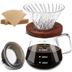 Coffee Pour Over 13.5oz 400ml High Borosilicate Glass Pour Over Coffee Maker Set Camping Travel with 50 count V60 Cone Filter Paper Hand Brew Carafe Drip Suitable for Electric Ceramic Stove