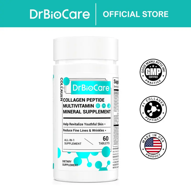 DrBioCare Premium Hydrolyzed Collagen Peptide Dietary Beauty Tablets - Single Item Collagen Supplements with Vitamin D3,C,E,B, Minerals, Probiotic Blend for Adult Wrinkle Care & Daily Nutritional Support