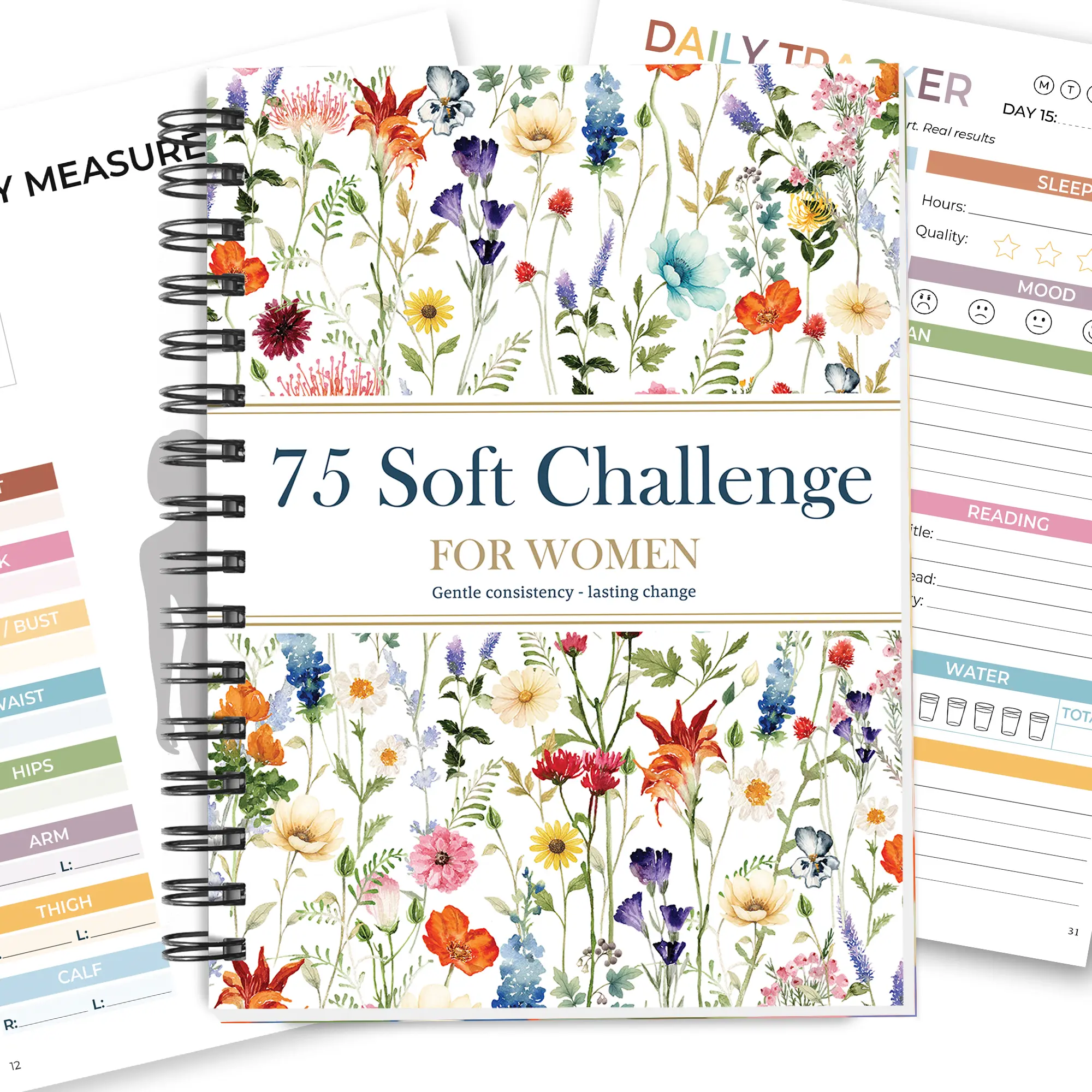 75 Soft Challenge Journal for Women, A5 Spiral 75-Day Habit Tracker, Wildflowers Planner, 108-Page Full-Color Daily Logs, Weekly Reviews, Meal Water Workout Reading