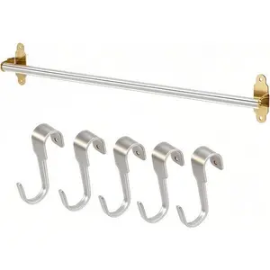 Brass-Colored Wall Rail with Hooks - 60 cm (23 ½") & 5 Pcs 7 cm (2 ¾") - Space-Saving Organizer - Durable Polished Finish - Reusable Storage Solution Metal Set Decor Decorative Installation Kitchen Hangable Hangers