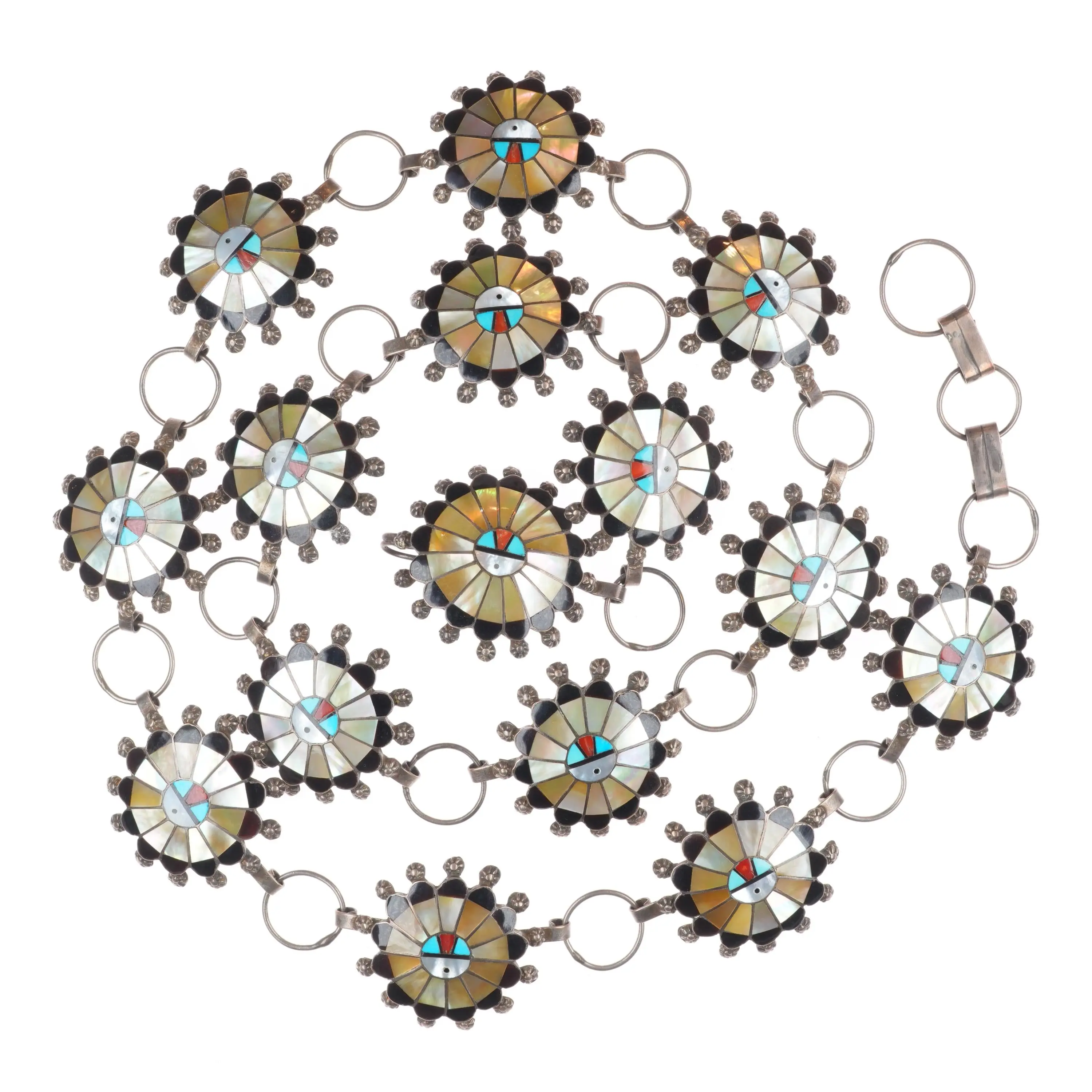 38" Abel Soseeah Zuni sterling silver, turquoise, coral, shell link concho belt