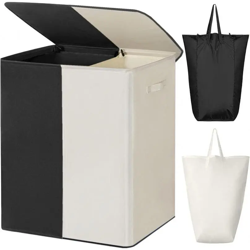 Valentine's Day gift Double Laundry Basket with Lid and Removable Laundry Bags, 154L Large Laundry Hamper, 2-Section Collapsible Dirty Clothes Hamper for Laundry Room, College Dorm, Bathroom, Black and Beige