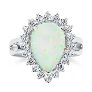 Created White Opal 10CT Halo Teardrop Cocktail Statement Ring with Cathedral Setting Sterling Silver