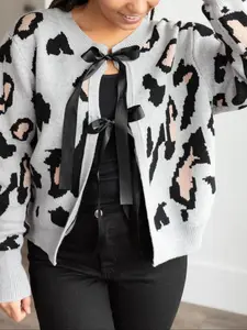 Autumn Winter New Leopard Jacquard Knit Cardigan, Bow Tie Design Adds Sweet Cool Atmosphere, Stylish Women's Sweater Knitwear