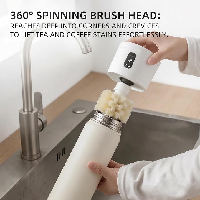 Electric Cup Brush 360° Spinning Bottle Cleaner - Rechargeable Handheld & Wall Mount, IPX5 Waterproof for Thermos, Glasses, Baby Bottles