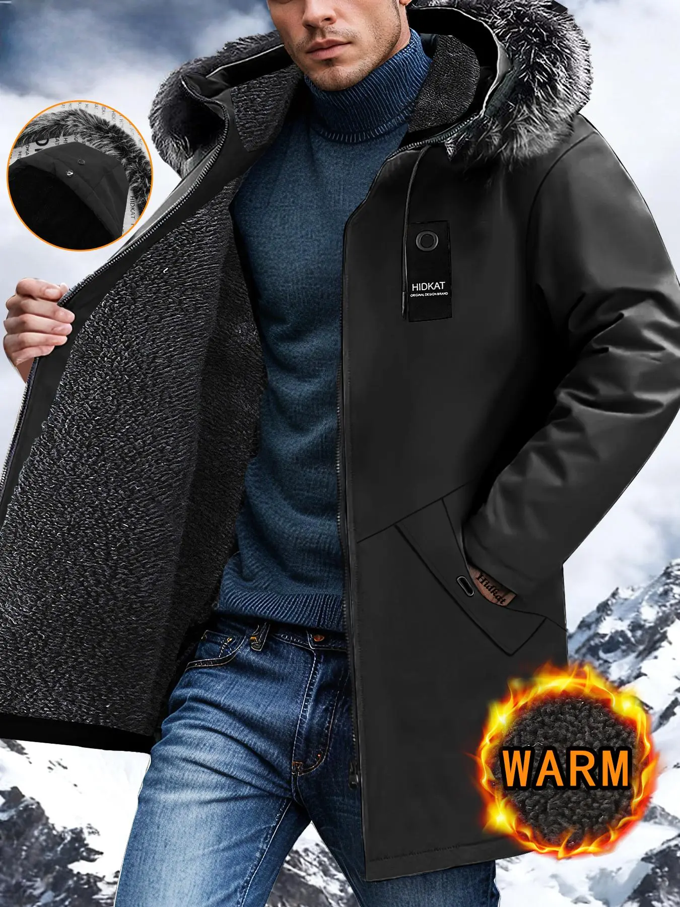 JOGWAVE Men’s Mid-Hooded Plain Loose-Fit Long Polyester Jacket, Outdoor Windproof Insulated Pull-On Athletic Wear, Winter Travel Essential, Casual Street Style Unisex Fashion Apparel