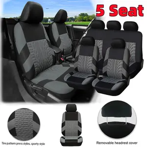 summervibes Durable Fabric 5 Seat Car Seat Covers Tire Pattern Press Styles Sporty Style Removable Headrest Cover