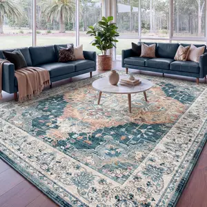 6'x9' Retro Living Room Rug, Washable Area Rugs for Dining Room Bedroom,Home Decor  Non-Slip Backing, Low Pile Stain Resistant Thin Soft Faux Cashmere Printed Carpet, Black/White, Blue/Red, 4x6, 5x7, 6x9 Feet