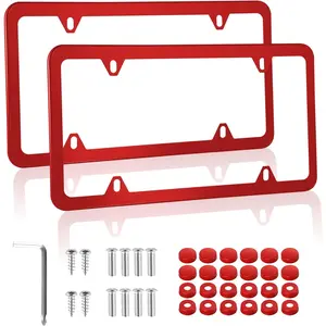 2PCS Stainless Steel License Plate Frames, 4 Holes Car Licence Plate Covers with Screws Washers and Caps, Car Exterior Accessories, License Plate Holder for US Vehicles (Red)
