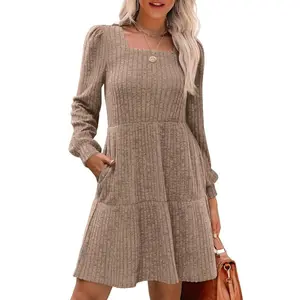 2025 European and American Women's Square Neck Long Sleeve Autumn Dress Casual Doll Sweater Dress