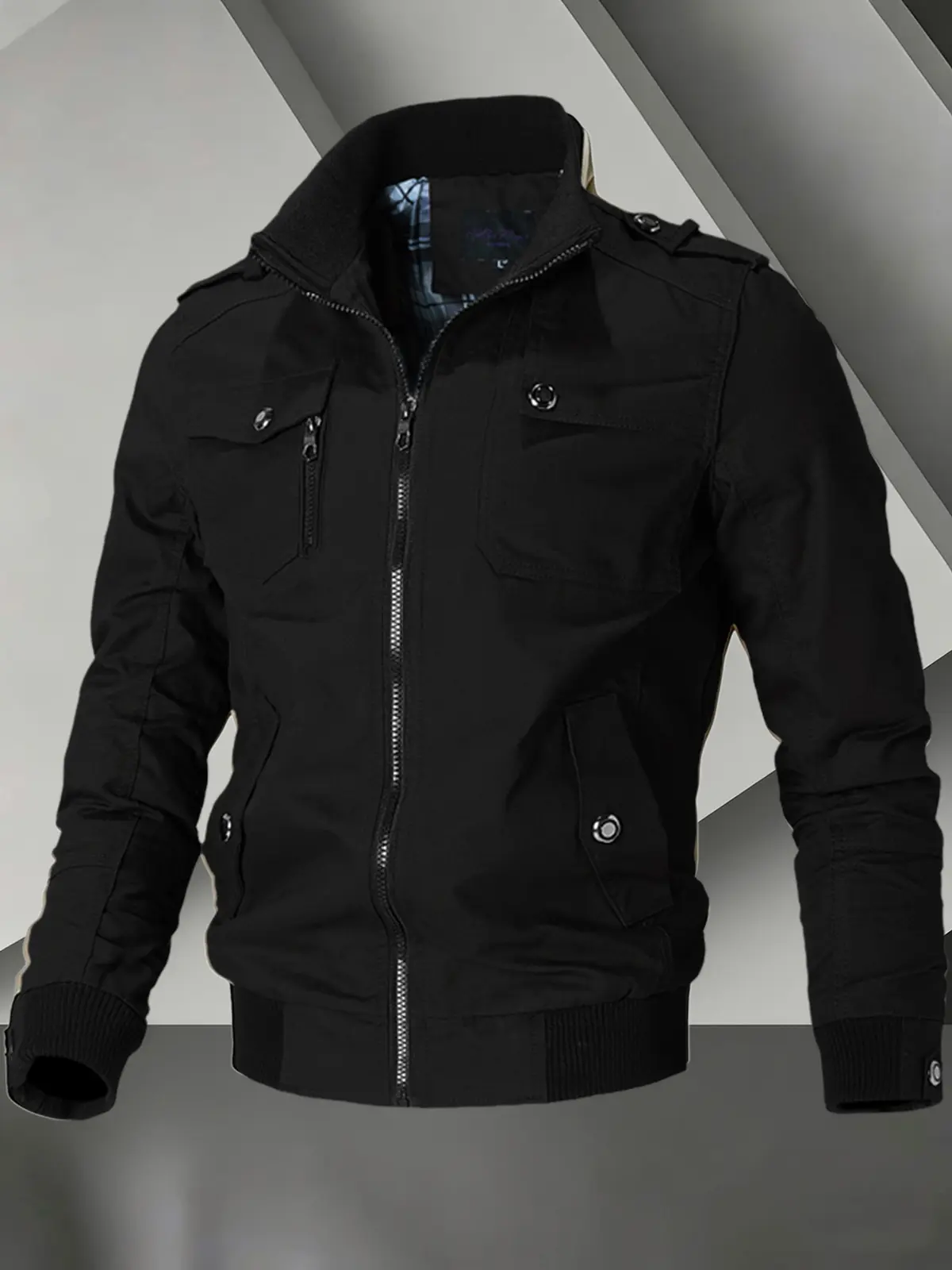 Men’s military bomber jacket, stand collar multi‑pocket zip‑up cargo coat, durable outerwear, functional outfit for streetwear, work, hiking, travel, and everyday casual wear in spring and fall