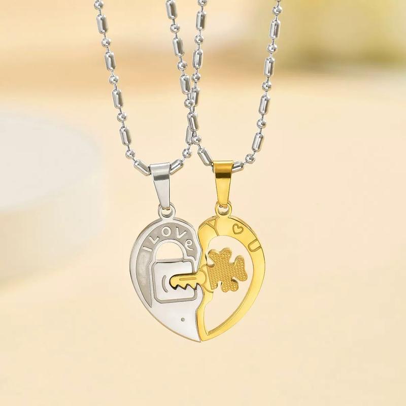 Gold-plated couple Heart Lock Necklace – Titanium Steel Matching Set