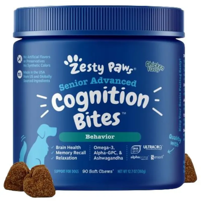 Zesty Paws Senior Advanced Cognition Bites for Senior Dogs Soft Chew Relief Treats Brain Support Natural 90 Chews 12.7oz Natural