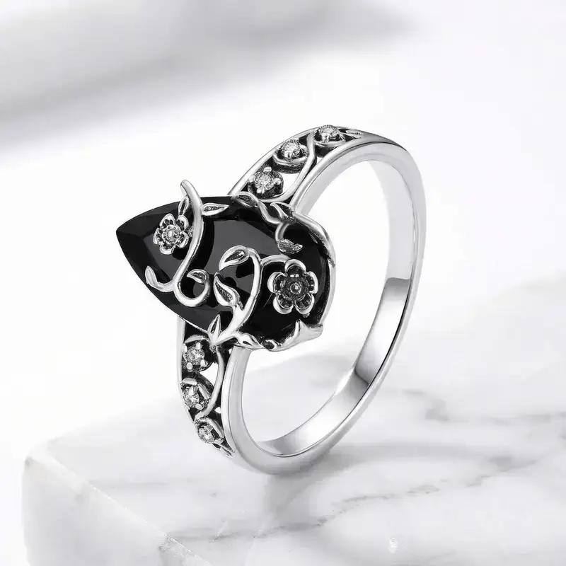 Women's Vintage Floral 925 Sterling Silver Crystal Ring - Synthetic Obsidian Band Inlaid Black Lab-Created Diamond, Healing Energy Prom Jewelry, Gift-Ready Birthday Mother’s Day Present with Gift Box